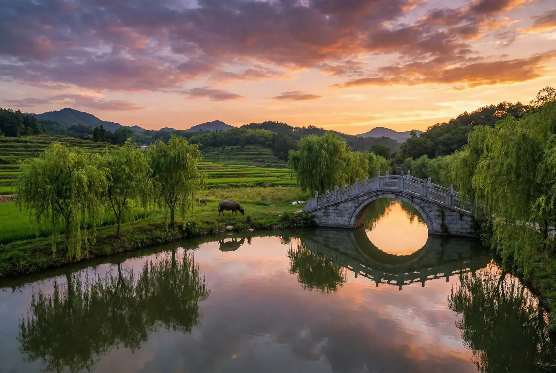 夕阳下的石拱桥与垂柳，水牛在河边吃草 - 娘家的故事下载 乡村美景